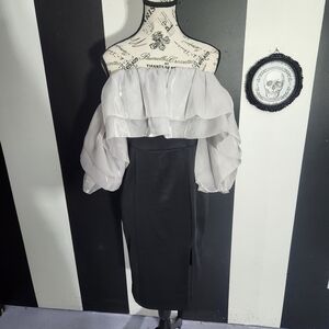 Elegant Black and White Off-Shoulder Midi Dress